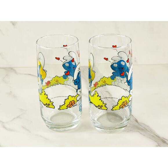 Smurf Smurfette Drinking Clear Glasses 14oz by Peyo 1982 6" x2 Vintage - Picture 6 of 15